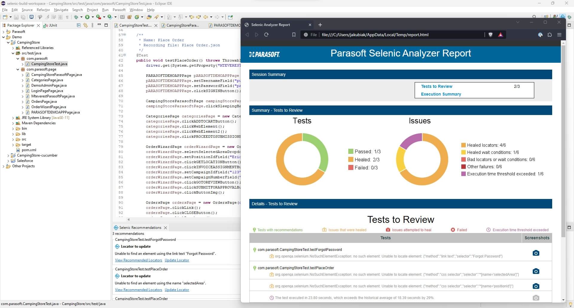 Screenshot of a Parasoft Selenic Analyzer Report showing a summery of tests and issues.