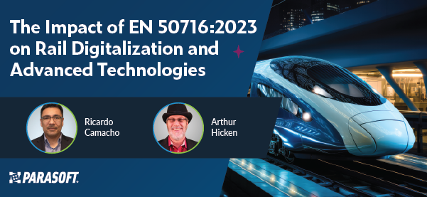 The Impact of EN 50716:2023 on Rail Digitalization and Advanced Technologies webinar title on left with speaker headshots below and graphic of high speed train on the right