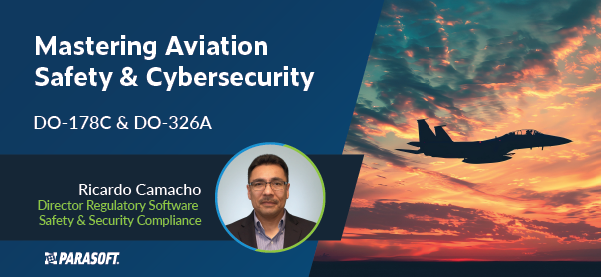 Mastering Aviation Safety & Cybersecurity: DO-178C & DO-326A with speaker headshot and image of a military fighter jet in the sky to the right