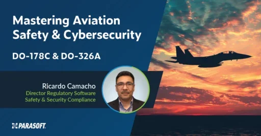 Mastering Aviation Safety & Cybersecurity: DO-178C & DO-326A with speaker headshot and image of military fighter jet in the sky to the right