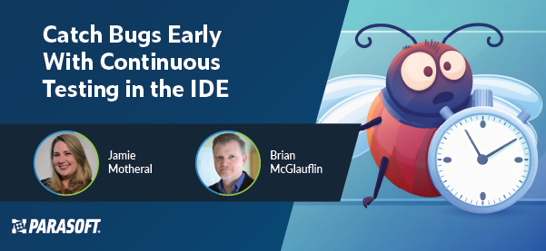 Catch Bugs Early With Continuous Testing in the IDE with speaker headshots below and graphic of bug and alarm clock to the right.