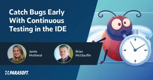 Catch Bugs Early With Continuous Testing in the IDE with speaker headshots below and graphic of bug and alarm clock to the right.