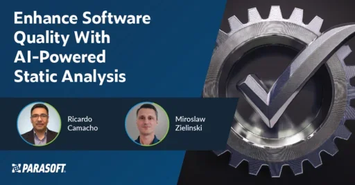 Enhance Software Quality With AI-Powered Static Analysis webinar title in white with webinar speak headshots below and graphic of a mechanical gear with a checkmark on top to the right