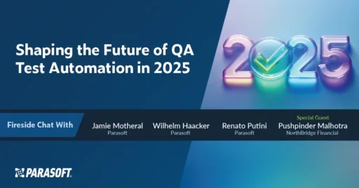 Shaping the Future of QA Test Automation in 2025 title in white with speaker names below and a graphic of 2025 to the right