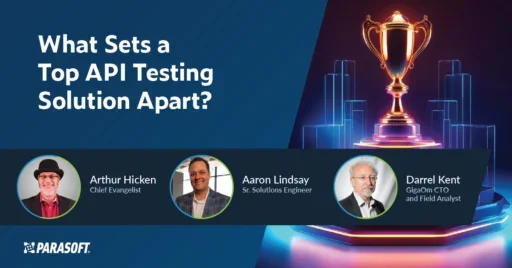 What Sets a Top API Testing Solution Apart? webinar title in white with webinar speaker headshots below and a trophy graphic to the right