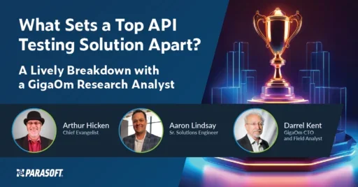 What Sets a Top API Testing Solution Apart? A Lively Breakdown with a GigaOm Research Analyst webinar title in white with webinar speaker headshots below and a trophy graphic to the right