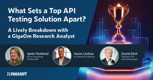 What Sets a Top API Testing Solution Apart? A Lively Breakdown with a GigaOm Research Analyst webinar title in white with webinar speaker headshots below and a trophy graphic to the right