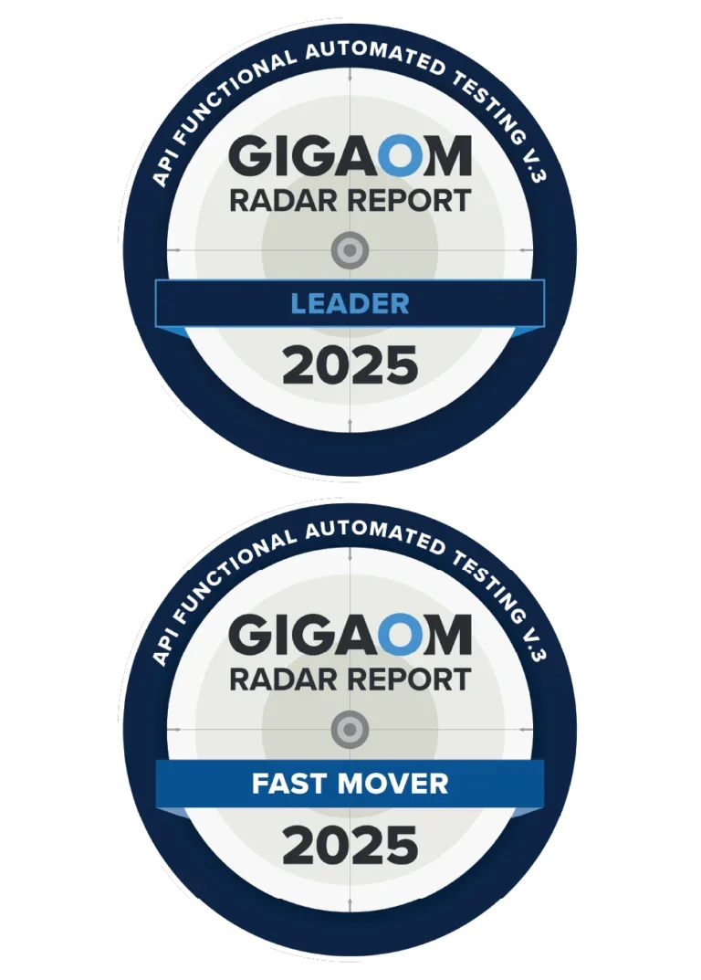 Two GigaOm Radar Report 2025 badges for API Functional Automated Testing V.3 stacked vertically. Top one for Leader. Bottom one for Fast Mover.