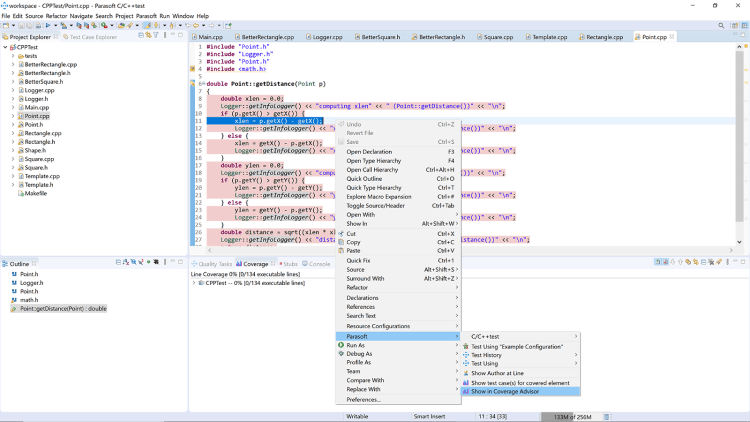 Screenshot of Parasoft C/C++test Coverage Advisor.