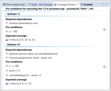 Screenshot showing two test case solutions provided by Coverage Advisor in C/C++test.