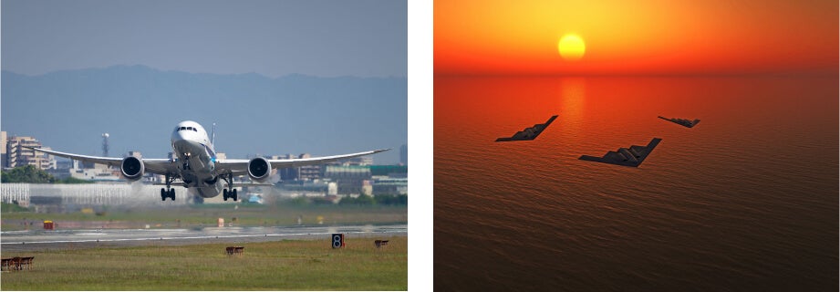 On the left is a photo of a commercial airplane taking off on a runway. On the right is an image of 3 fighter jets flying over the ocean at sunset. 