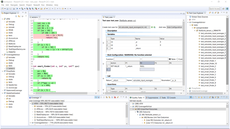 Screenshot of Parasoft C/C++test IDE unified code coverage and unit testing view