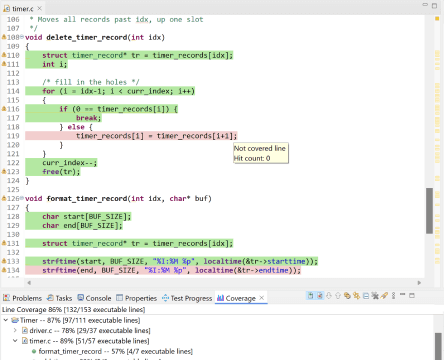 Screenshot of Parasoft C/C++test showing unit testing execution detail tests to requirements traceability.