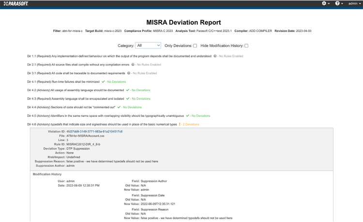 Screenshot of Parasoft DTP's Deviations Report.