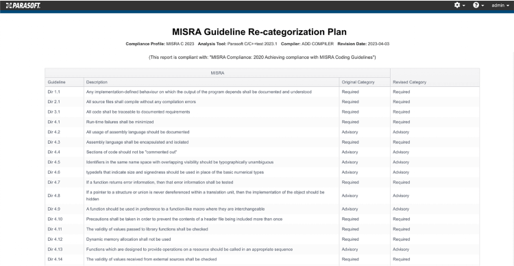 Screenshot of Parasoft DTP's Guideline Re-categorization Plan