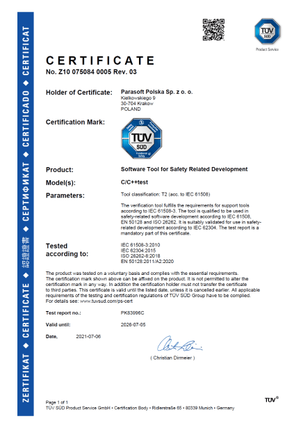 Image of the Parasoft C/C++test and C/C++test CT TÜV SÜD certificate