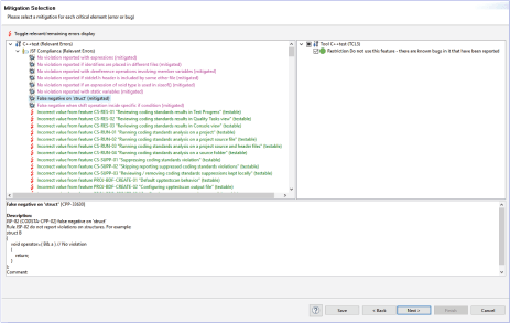 Screenshot of Parasoft C/C++test Mitigation Selection listing known defects.