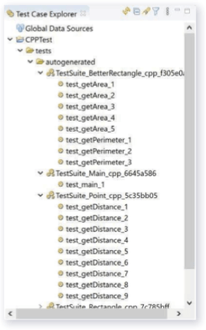 Screenshot showing Parasoft C/C++test Test Case Explorer, specifically automated test case generation. In this case, one test suite per function.