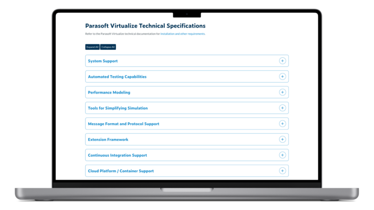 Screenshot of Parasoft Virtualize Technical Specifications displayed on a laptop