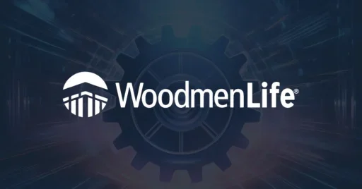 Dark background image of an automation cog in motion. In the foreground in white is WoodmenLife and the company logo.