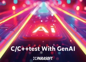 Image in bright pink, yellow, purple showing Ai elevated on a chip with the heading, C/C++test With GenAI and showing the Parasoft logo centered underneath