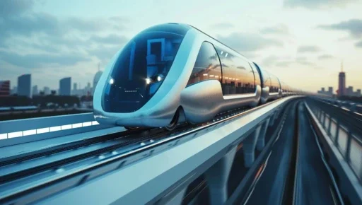 Photo of a levitation train in motion with a city scape in the distant background.