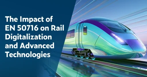 Text on left: The Impact of EN 50716 on Rail Digitalization and Advanced Technologies. On the right is a corner angle view of the front of a futuristic train moving superfast on a railway.