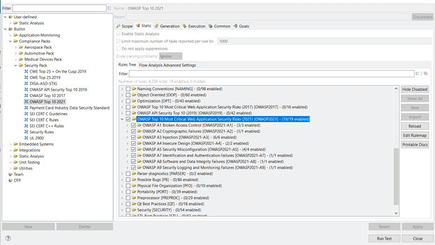 OWASP Top 10 2021 checkers and rules support. Screenshot of Parasoft's checkers/rules support for the updated version of the OWASP Top 10 2021