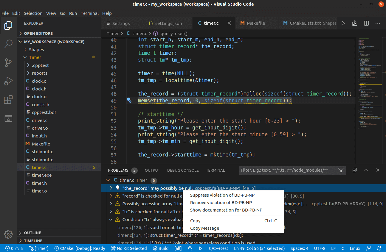 Screenshot of C/C++test extension in VS Code