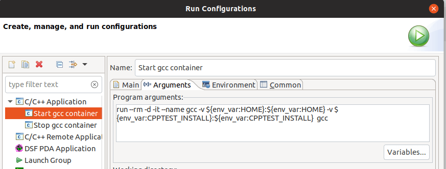 "Start gcc container
