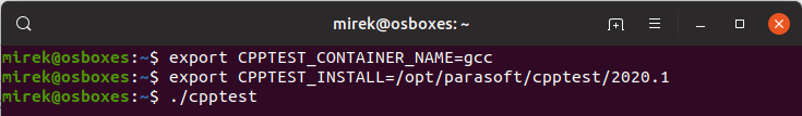 Screenshot of setup to start C/C++test in Docker container