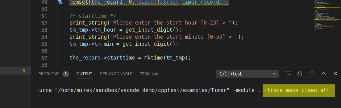 Screenshot of Output panel in VS Code after executing static analysis via C/C++test extension