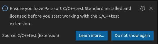 Message from C/C++test extension in VS Code