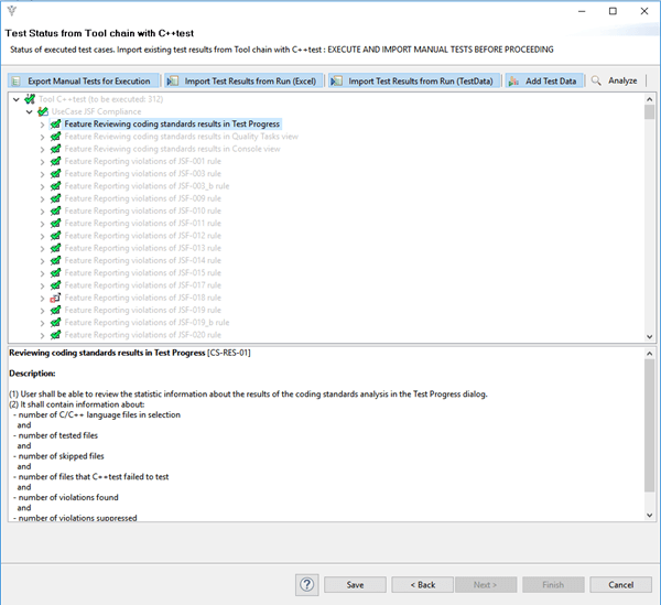 Screenshot of Test Status From Toolchain With C/C++test showing status of executed test cases.