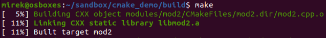 CMake is done with the build scripts (makefiles) generation, calling make to build the example project.