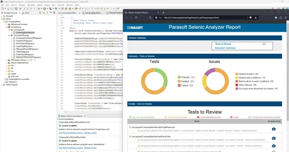 Screenshot of Eclipse IDE with the Parasoft Selenic integration and a Selenic report detailing the number of test cases that ran, passed, and would have failed but were able to pass due to Selenic AI-powered self-healing.